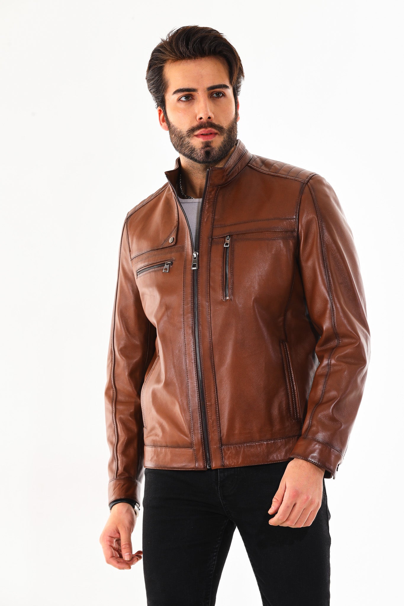 The Rossi Cognac Brown Leather Jacket - Vinci Leather