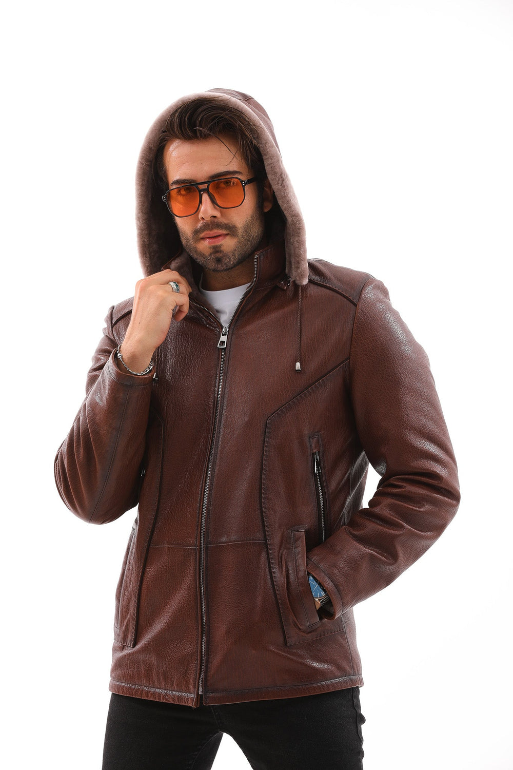 The Bergamo Brown Shearling Leather Jacket - Vinci Leather