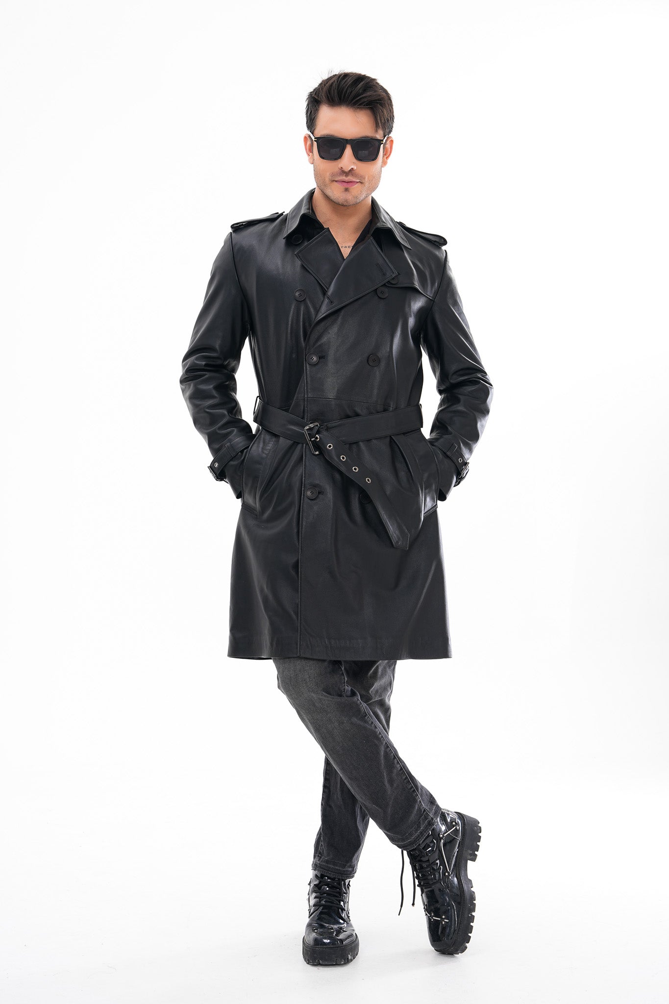 The Firenze Black Leather Leather Trench Coat Jacket - Vinci Leather