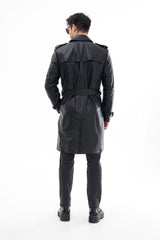 The Firenze Black Leather Leather Trench Coat Jacket - Vinci Leather