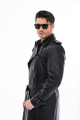 The Firenze Black Leather Leather Trench Coat Jacket - Vinci Leather