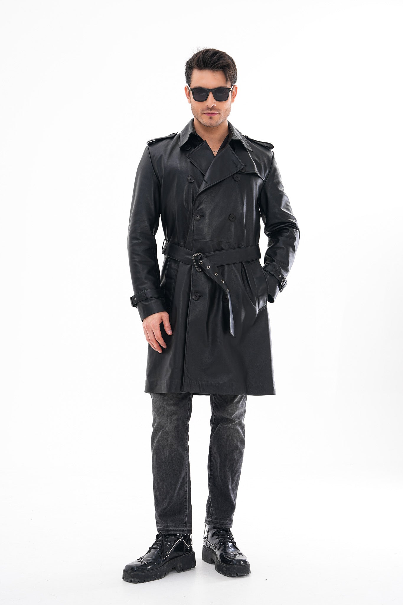 The Firenze Black Leather Leather Trench Coat Jacket - Vinci Leather