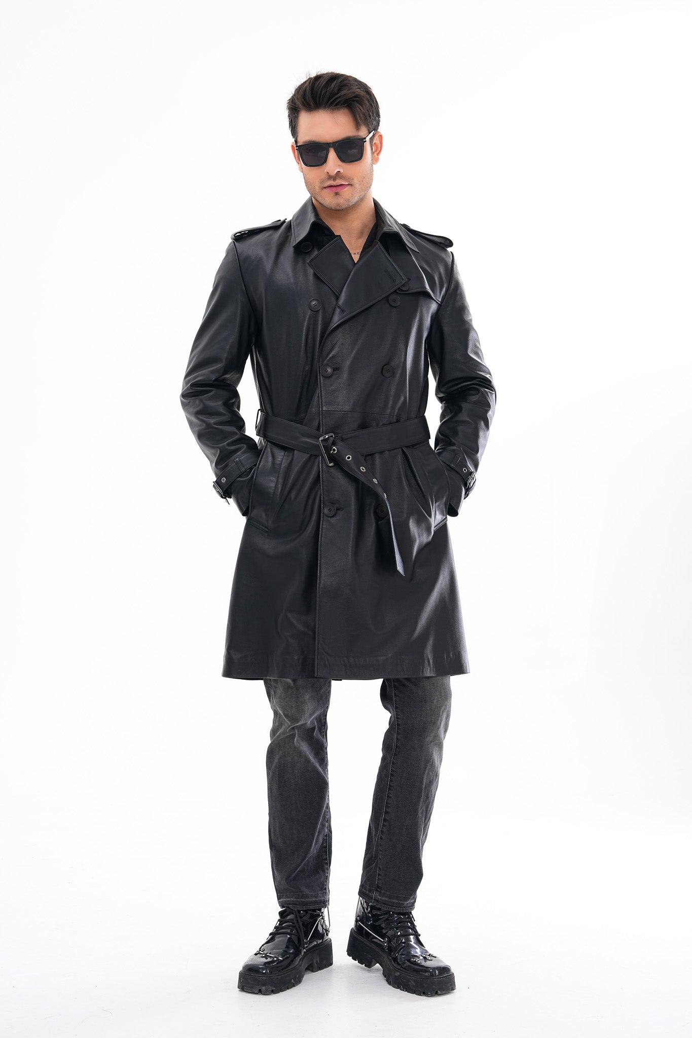 The Firenze Black Leather Leather Trench Coat Jacket - Vinci Leather
