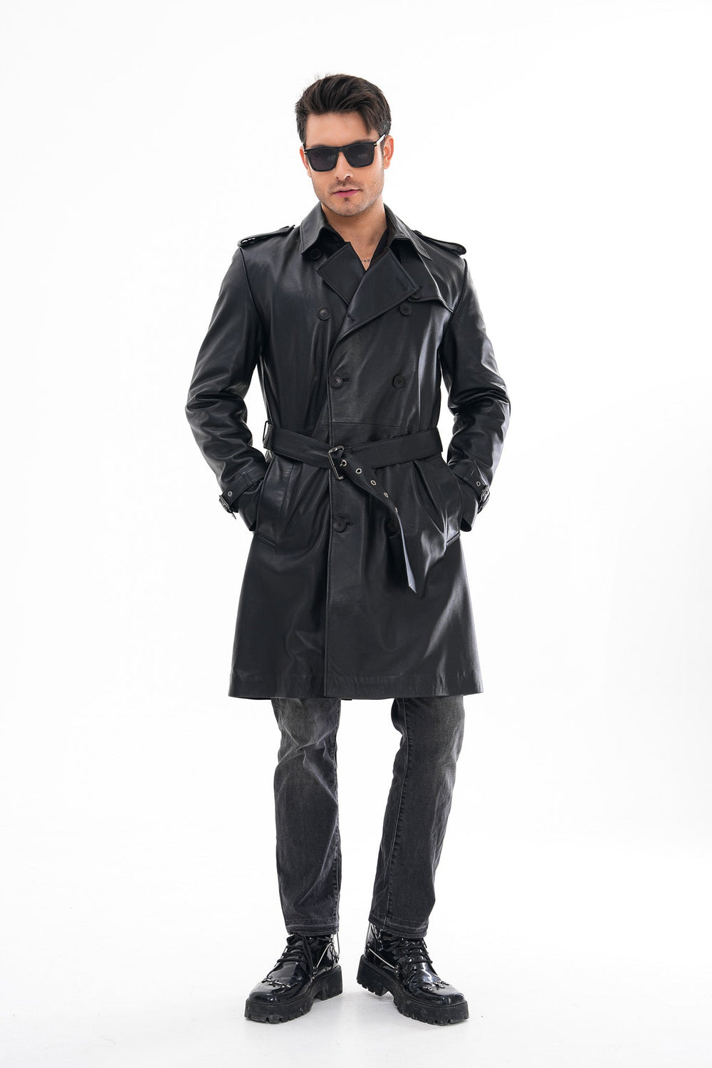 The Firenze Black Leather Leather Trench Coat Jacket - Vinci Leather