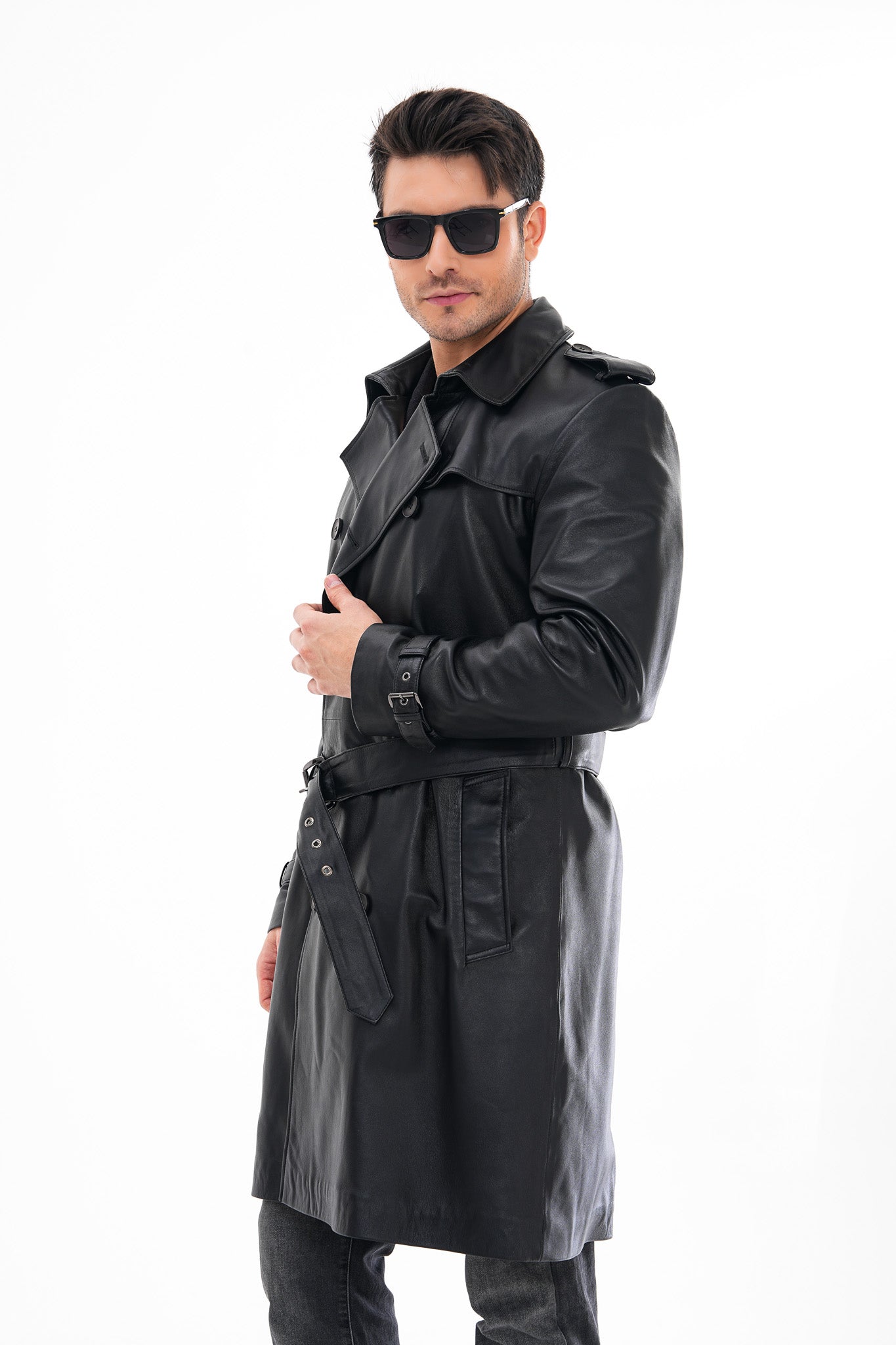 The Firenze Black Leather Leather Trench Coat Jacket - Vinci Leather
