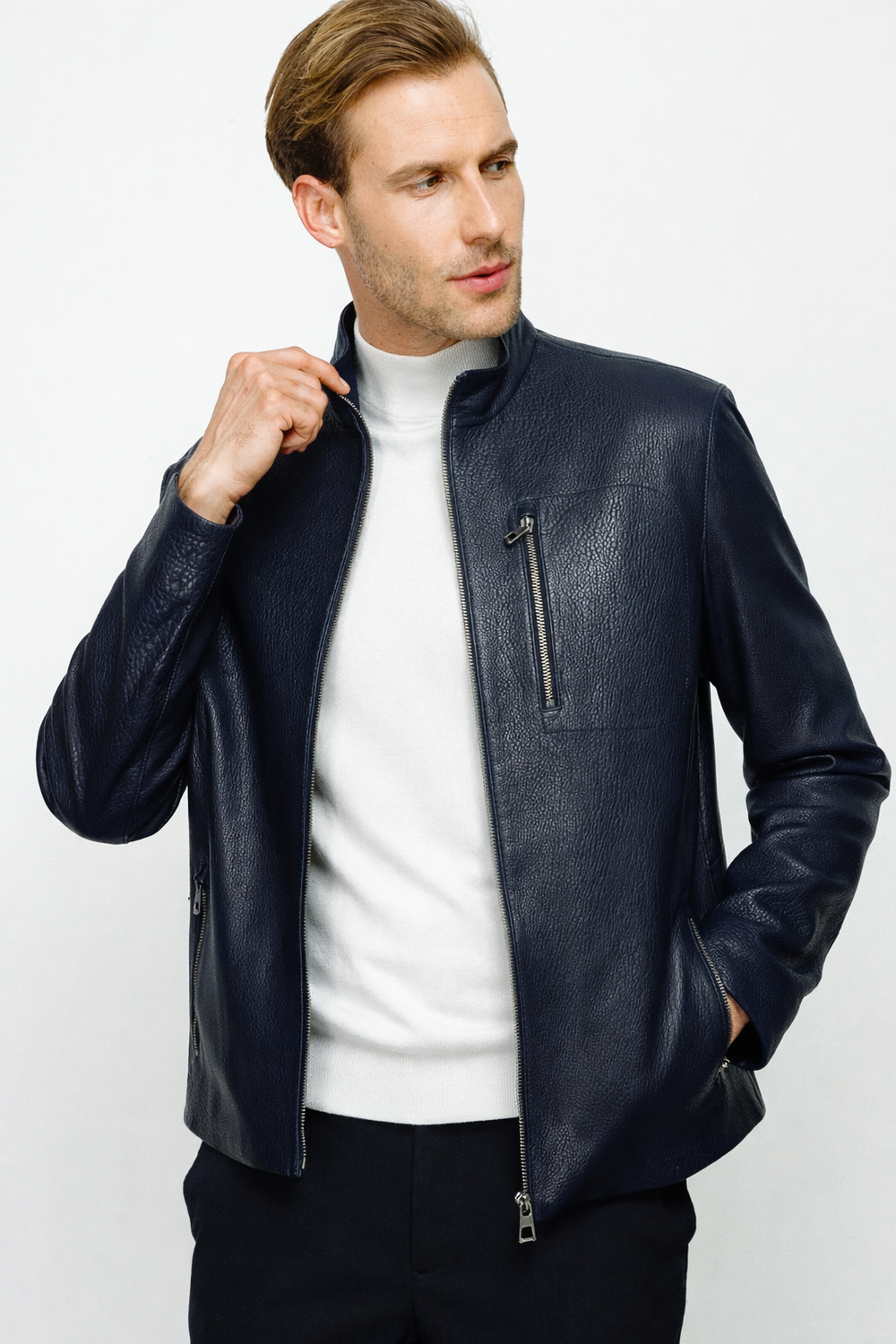 The Blanchard Navy Blue Leather Jacket - Vinci Leather