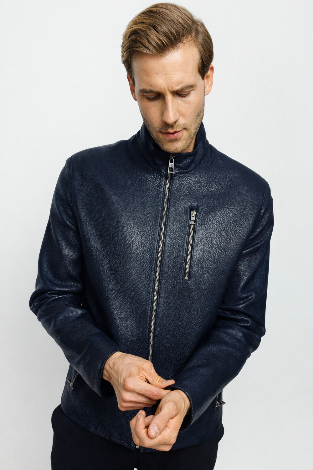 The Blanchard Navy Blue Leather Jacket - Vinci Leather