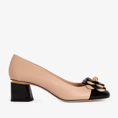 The Diva Beige Leather Cap Toe Block Heel Pump Shoe - Vinci Leather