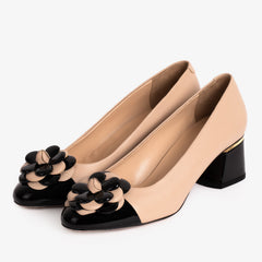 The Diva Beige Leather Cap Toe Block Heel Pump Shoe - Vinci Leather