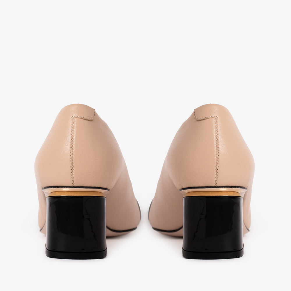 The Diva Beige Leather Cap Toe Block Heel Pump Shoe - Vinci Leather