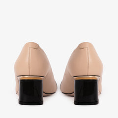 The Diva Beige Leather Cap Toe Block Heel Pump Shoe - Vinci Leather