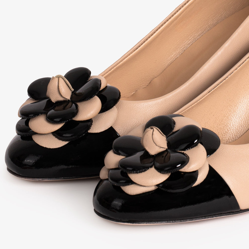 The Diva Beige Leather Cap Toe Block Heel Pump Shoe - Vinci Leather