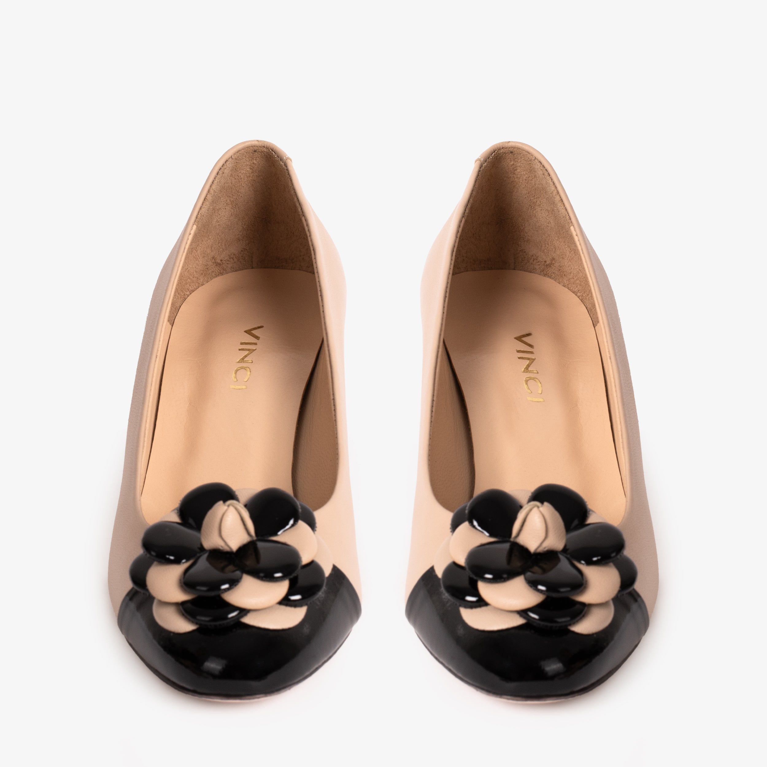 The Diva Beige Leather Cap Toe Block Heel Pump Shoe - Vinci Leather