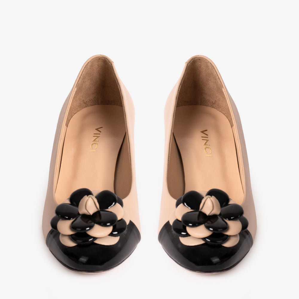 The Diva Beige Leather Cap Toe Block Heel Pump Shoe - Vinci Leather