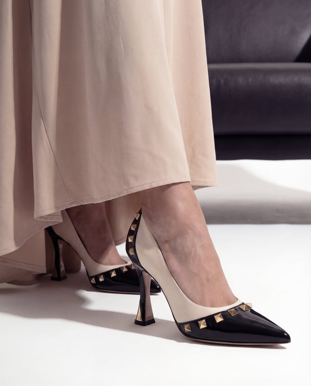 The Bella Vita Studded Beige Black Leather Pump Shoe - Vinci Leather