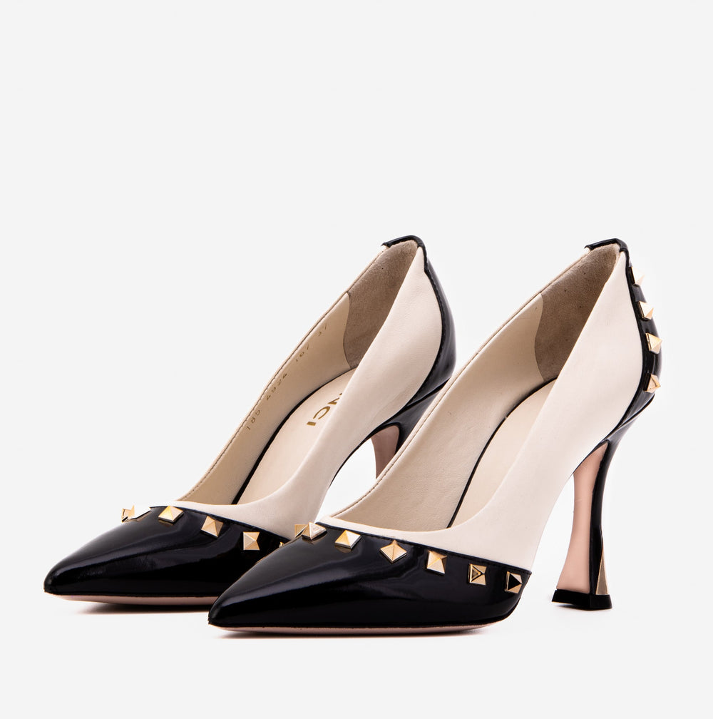 The Bella Vita Studded Beige Black Leather Pump Shoe - Vinci Leather