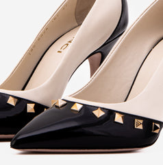 The Bella Vita Studded Beige Black Leather Pump Shoe - Vinci Leather