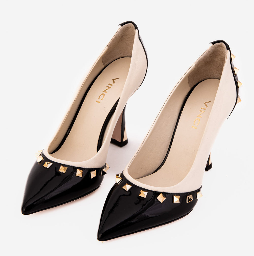 The Bella Vita Studded Beige Black Leather Pump Shoe - Vinci Leather