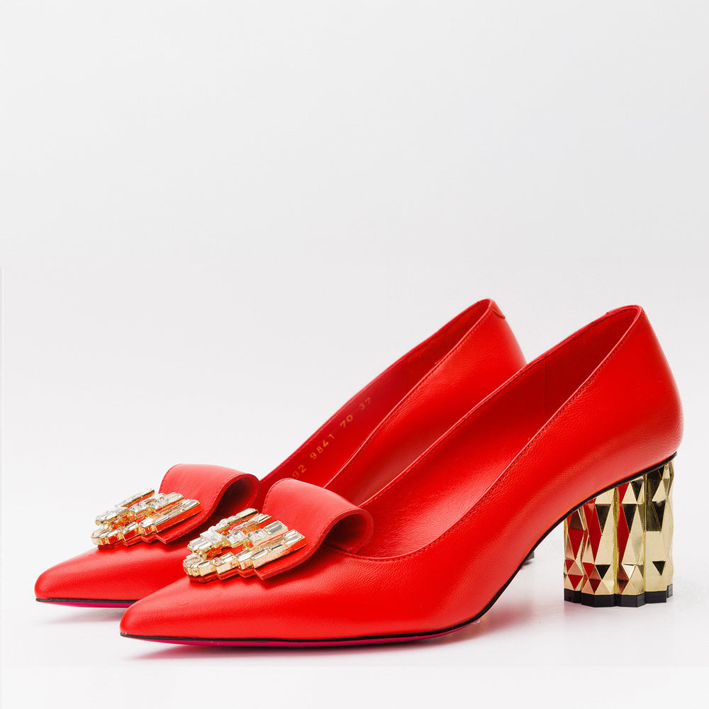 The Love Red Leather Block Heel Pump Shoe - Vinci Leather