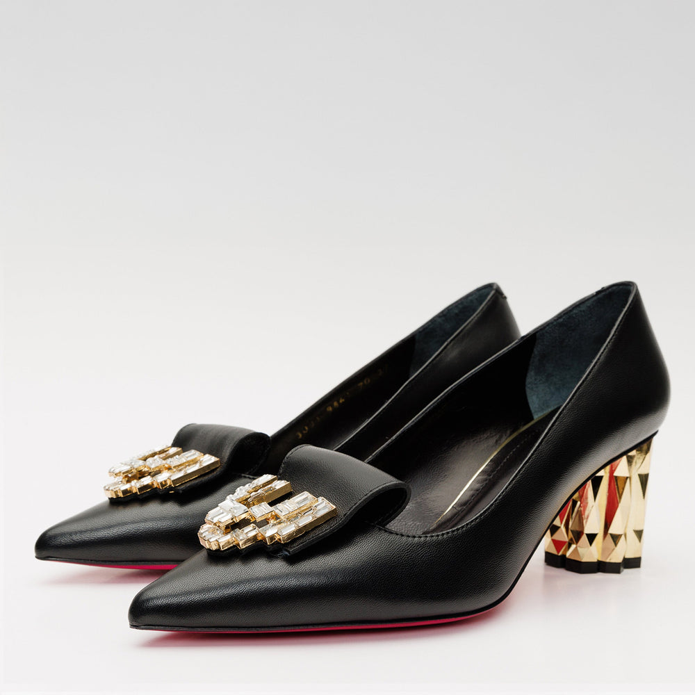 The Love Black Leather Block Heel Pump Shoe - Vinci Leather