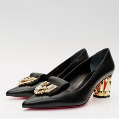 The Love Black Leather Block Heel Pump Shoe - Vinci Leather