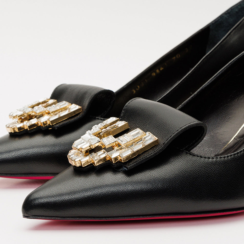 The Love Black Leather Block Heel Pump Shoe - Vinci Leather