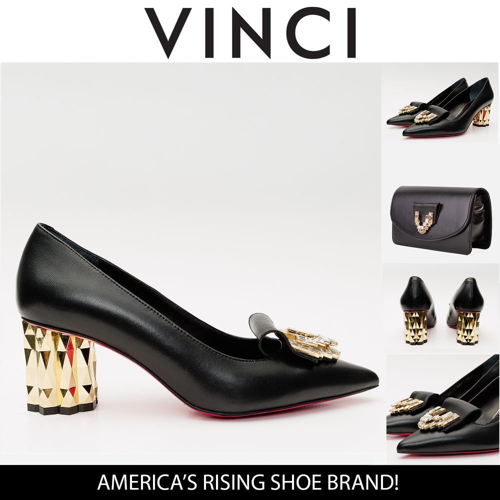 The Love Black Leather Block Heel Pump Shoe - Vinci Leather