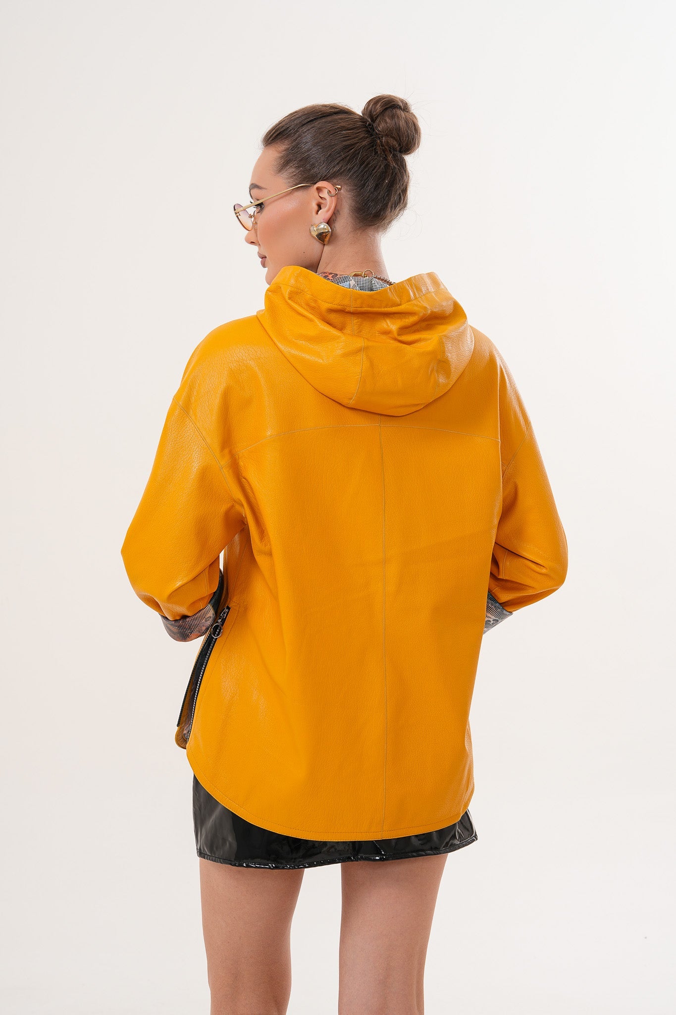 The Nyxara Reversible Hooded Mustard Yellow Leather Jacket - Vinci Leather