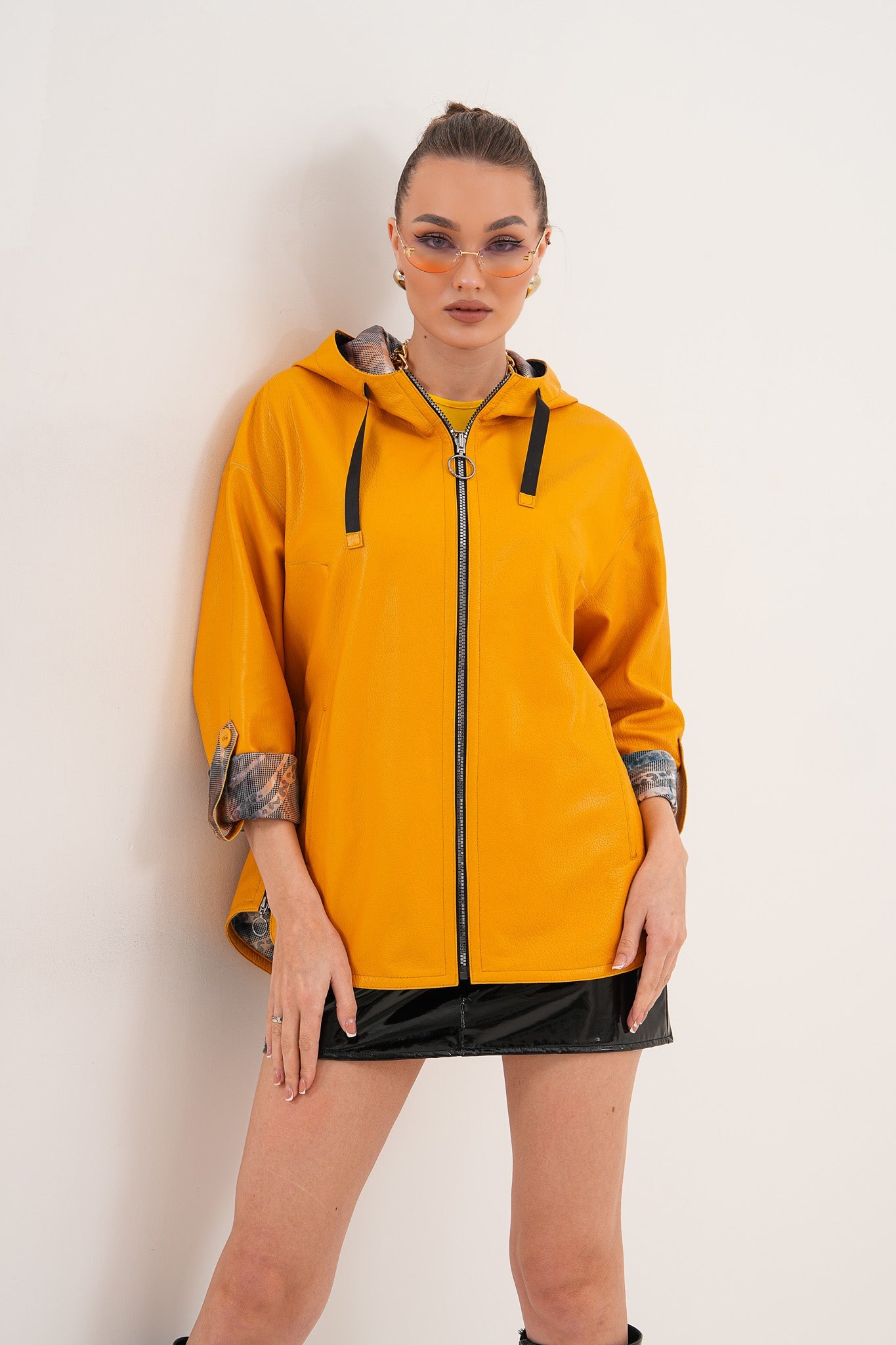 The Nyxara Reversible Hooded Mustard Yellow Leather Jacket - Vinci Leather