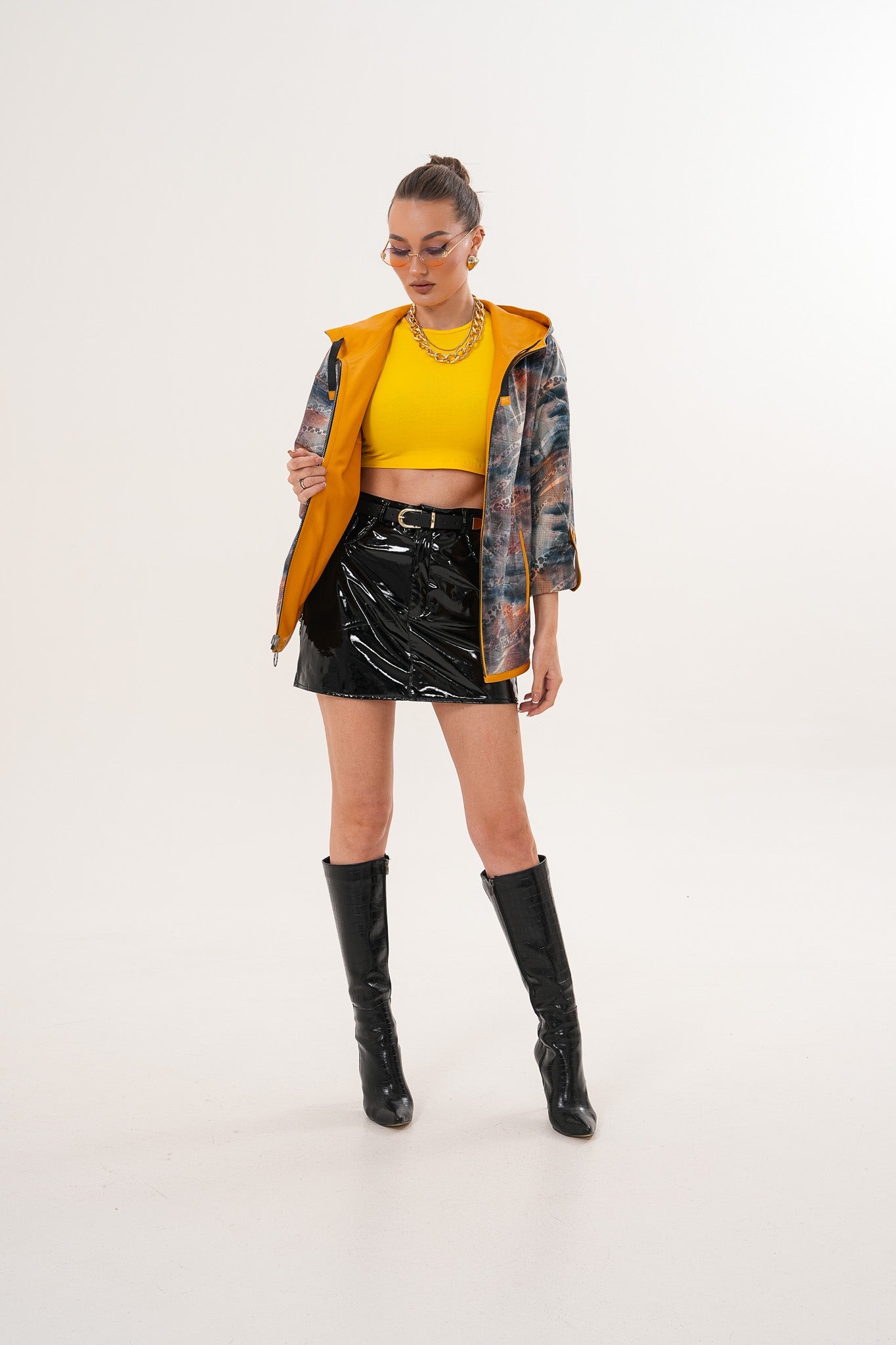 The Nyxara Reversible Hooded Mustard Yellow Leather Jacket - Vinci Leather