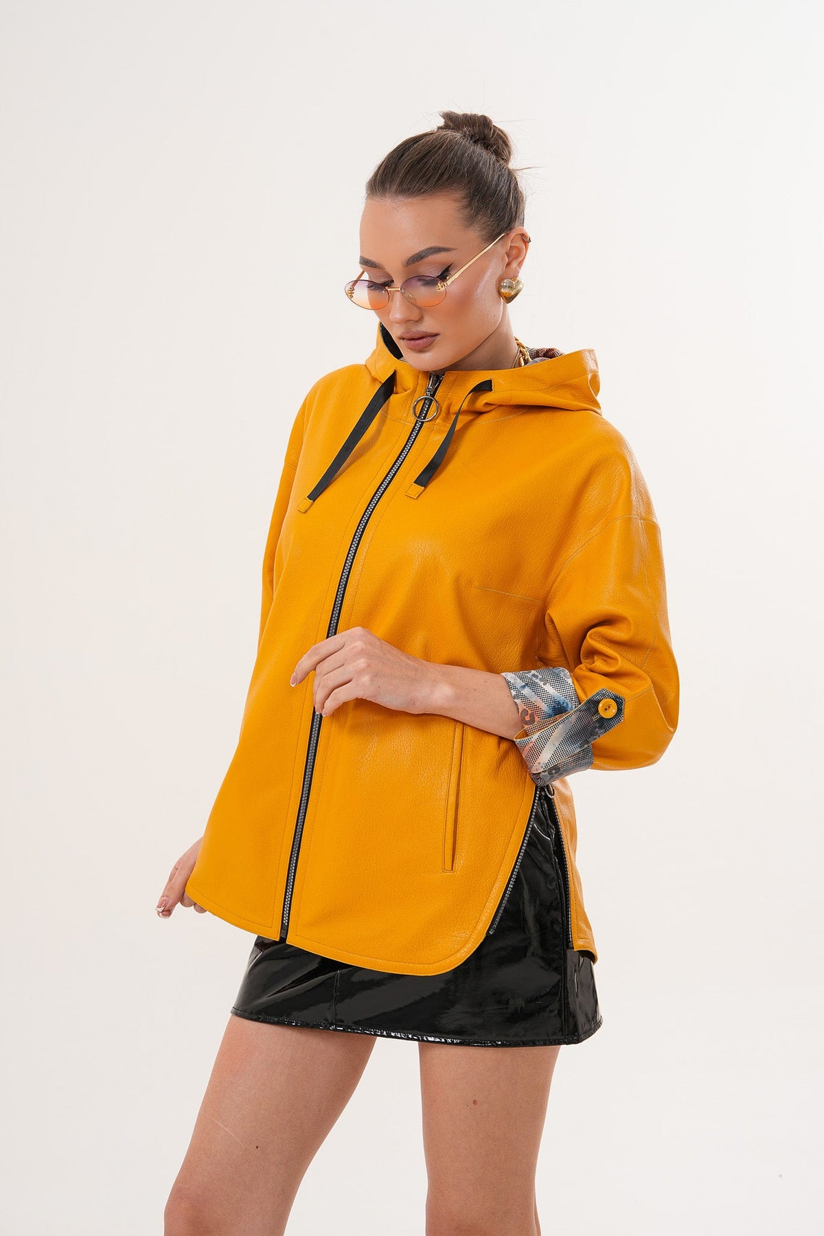 The Nyxara Reversible Hooded Mustard Yellow Leather Jacket - Vinci Leather
