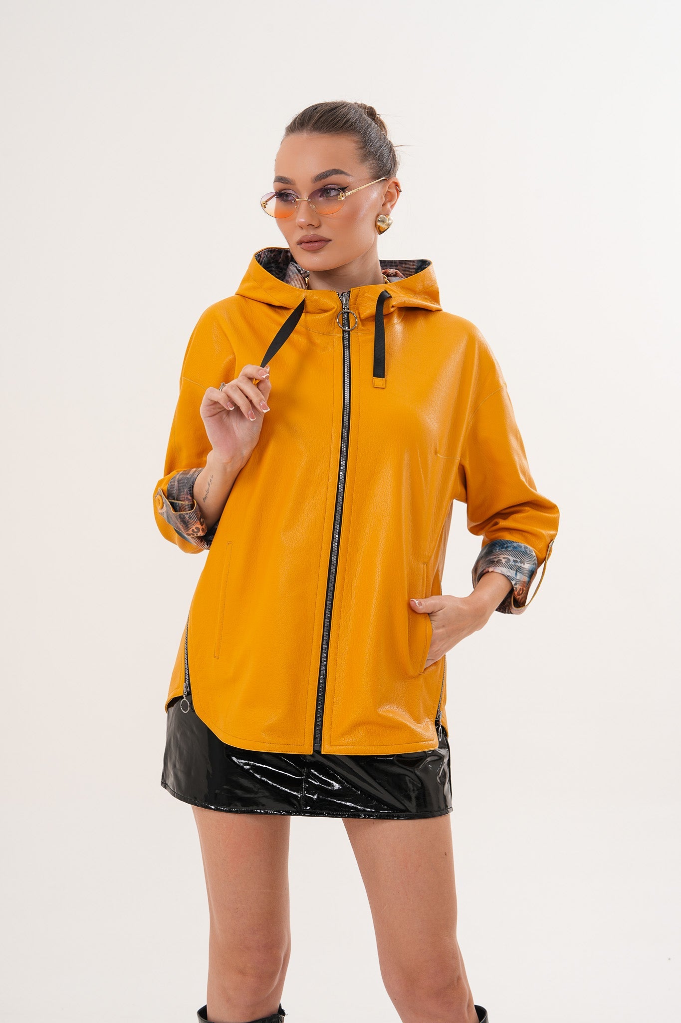 The Nyxara Reversible Hooded Mustard Yellow Leather Jacket - Vinci Leather