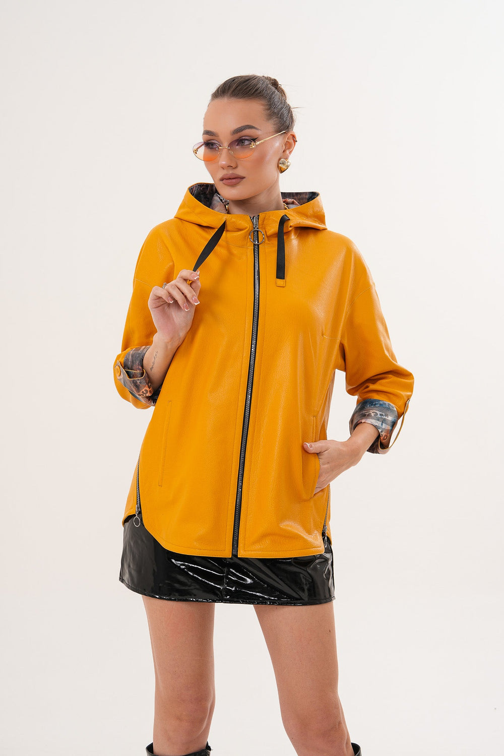 The Nyxara Reversible Hooded Mustard Yellow Leather Jacket - Vinci Leather
