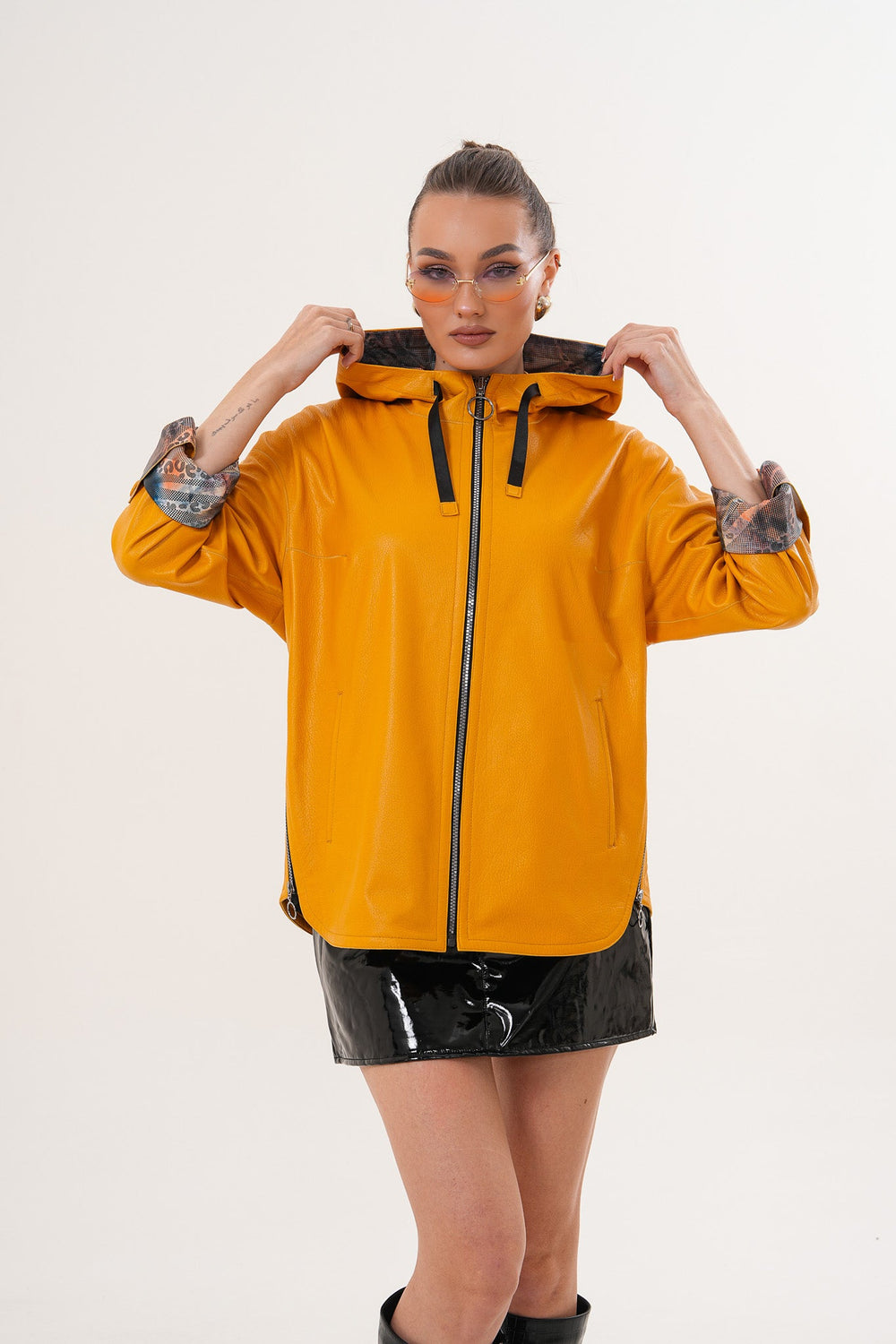 The Nyxara Reversible Hooded Mustard Yellow Leather Jacket - Vinci Leather