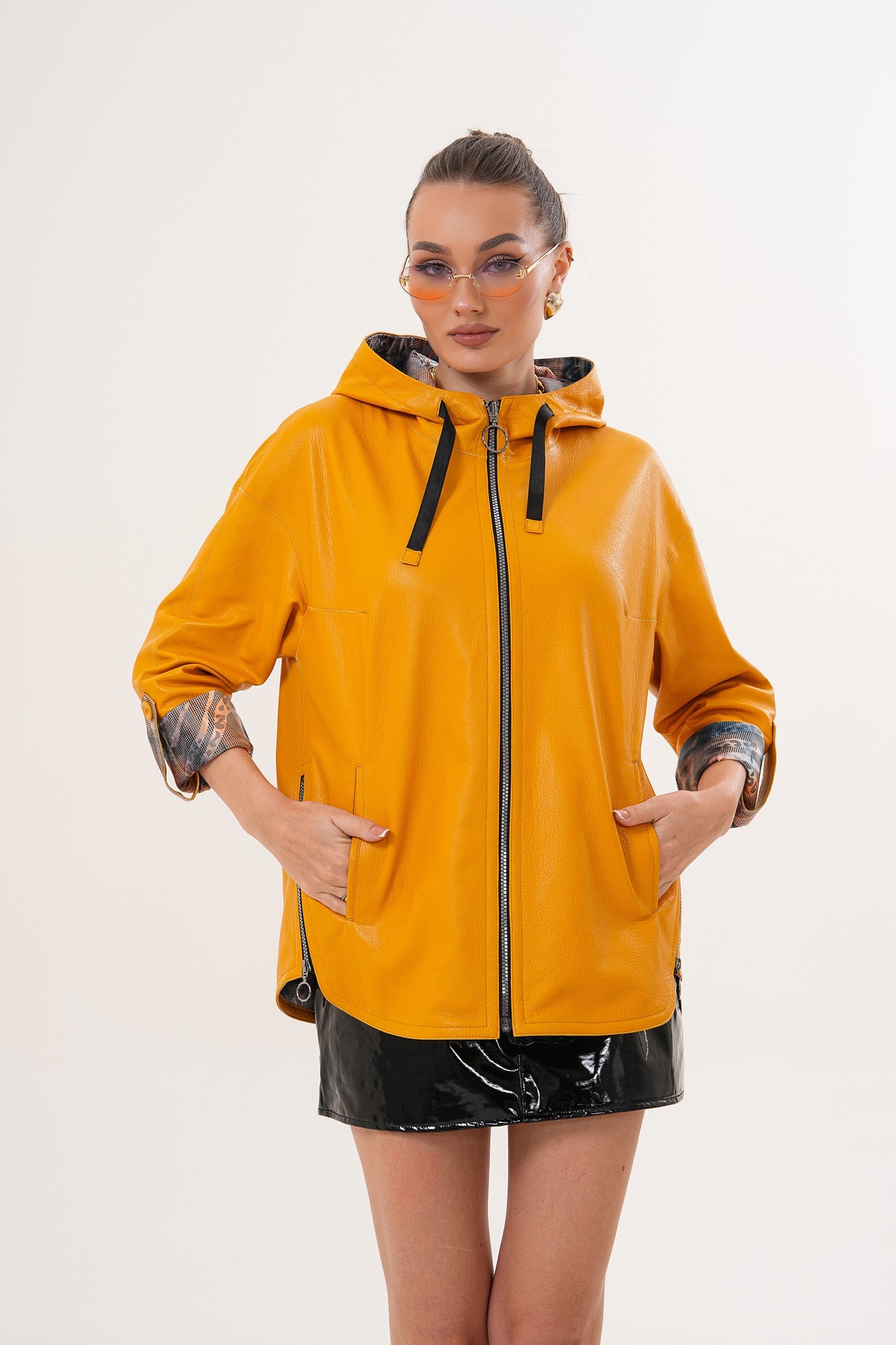 The Nyxara Reversible Hooded Mustard Yellow Leather Jacket - Vinci Leather