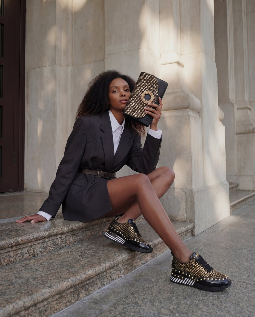 The Aurelia Black Gold Woven Leather Sneaker - Vinci Leather