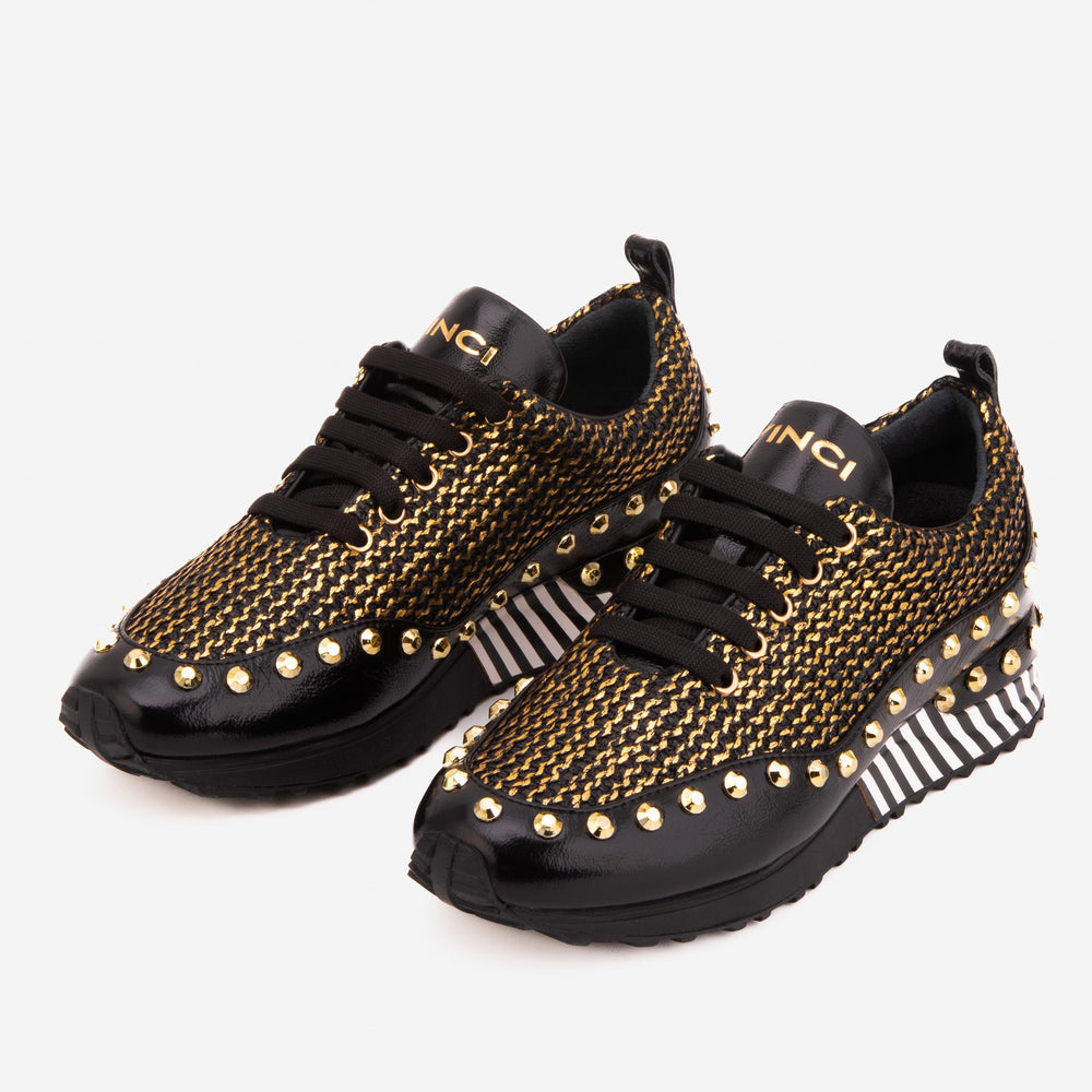 The Aurelia Black Gold Woven Leather Sneaker - Vinci Leather