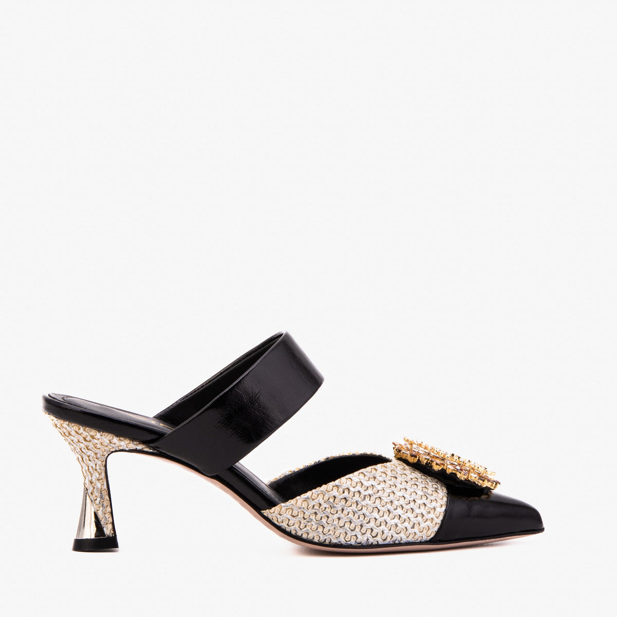 The Valencia Black Cream Jewel Heel Women's Mule Sandal - Vinci Leather