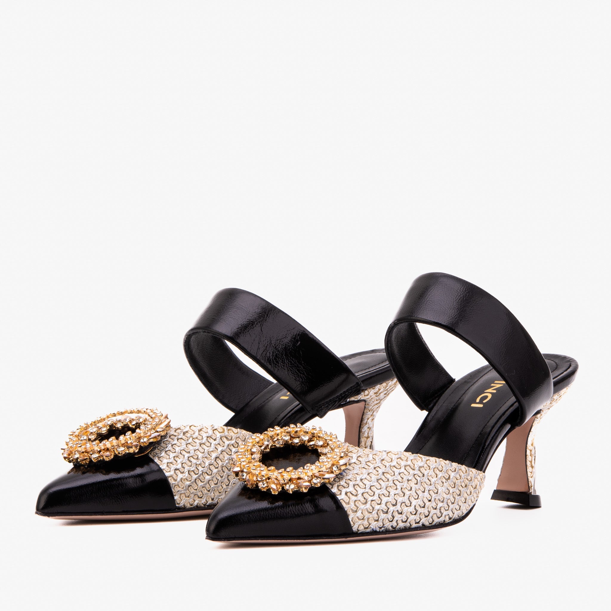 The Valencia Black Cream Jewel Heel Women's Mule Sandal - Vinci Leather