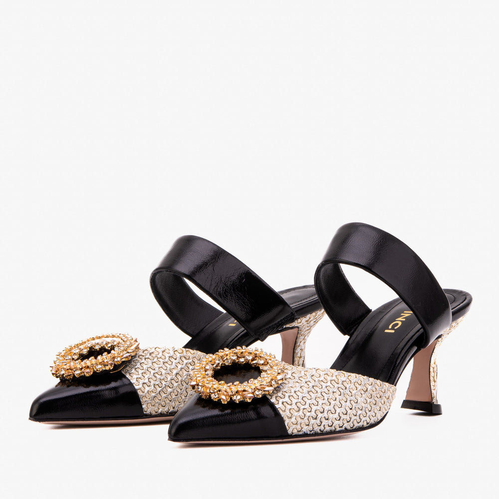 The Valencia Black Cream Jewel Heel Women's Mule Sandal - Vinci Leather