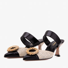 The Valencia Black Cream Jewel Heel Women's Mule Sandal - Vinci Leather