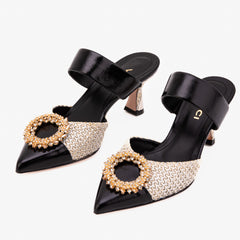 The Valencia Black Cream Jewel Heel Women's Mule Sandal - Vinci Leather