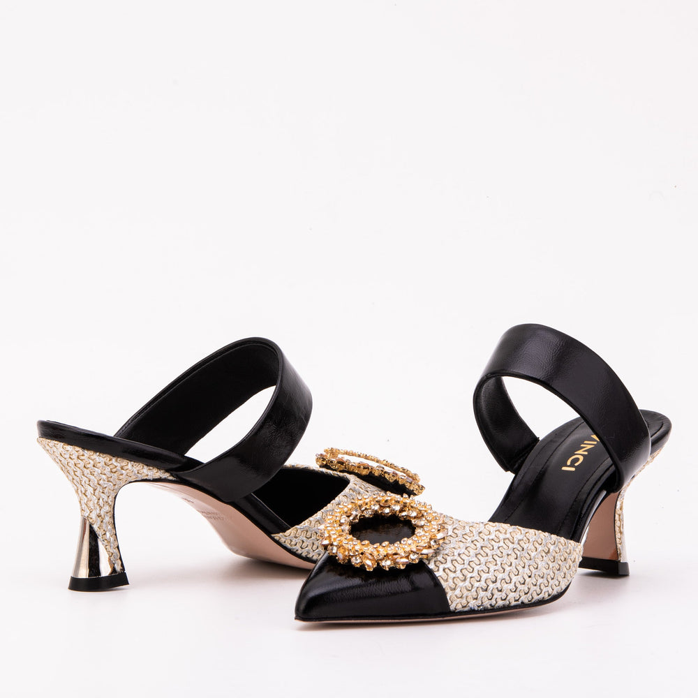 The Valencia Black Cream Jewel Heel Women's Mule Sandal - Vinci Leather