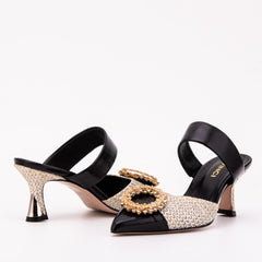 The Valencia Black Cream Jewel Heel Women's Mule Sandal - Vinci Leather