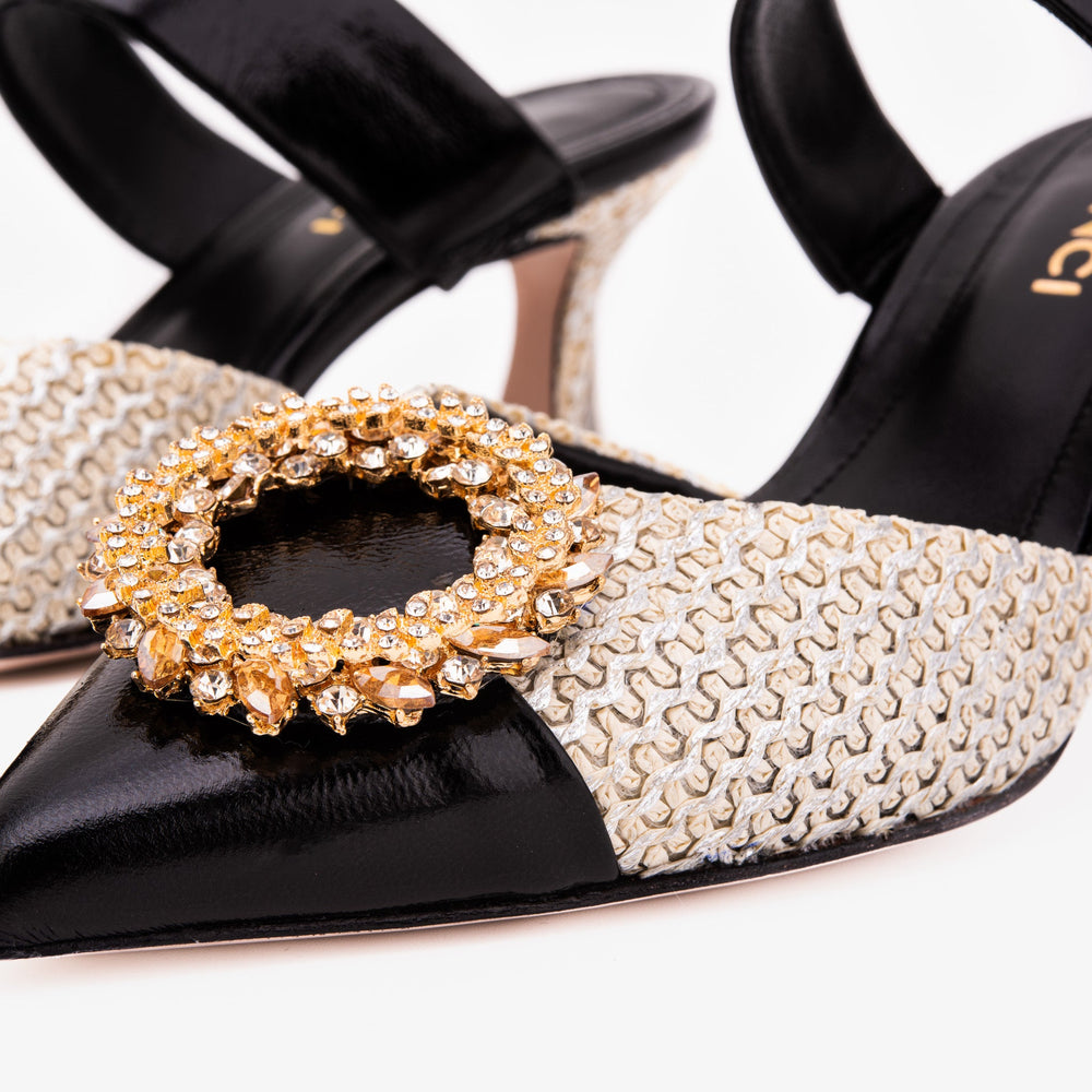 The Valencia Black Cream Jewel Heel Women's Mule Sandal - Vinci Leather