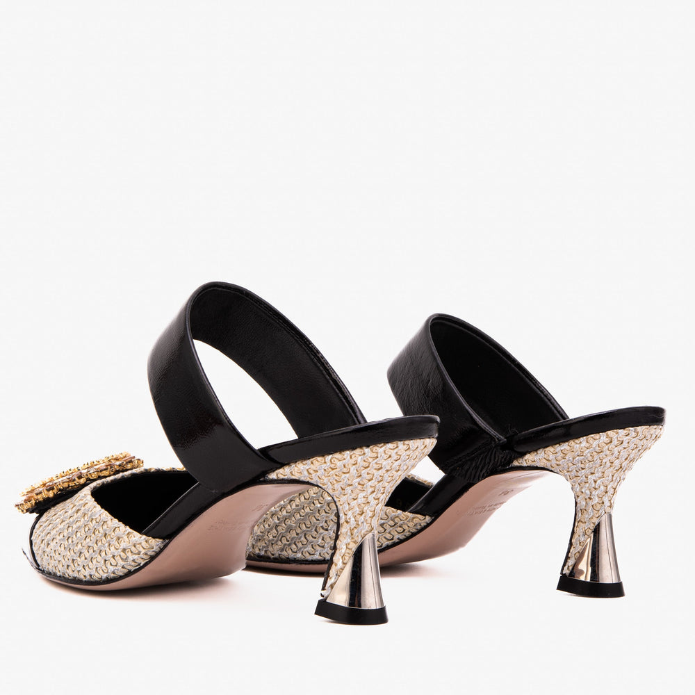 The Valencia Black Cream Jewel Heel Women's Mule Sandal - Vinci Leather
