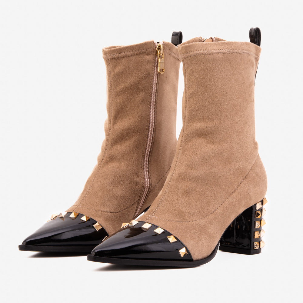 The Amethyst Studded Beige Black Suede Leather Women’s Boot - Vinci Leather