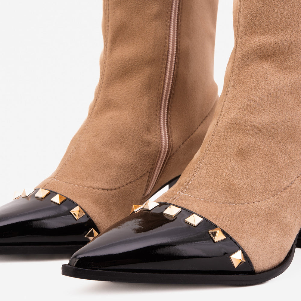 The Amethyst Studded Beige Black Suede Leather Women’s Boot - Vinci Leather