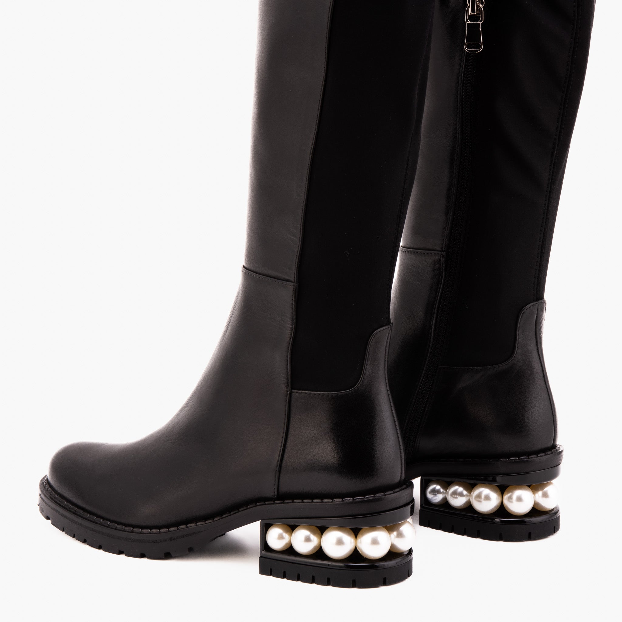 The Valeria Pearl Heel Knee-High Black Leather Boot - Vinci Leather