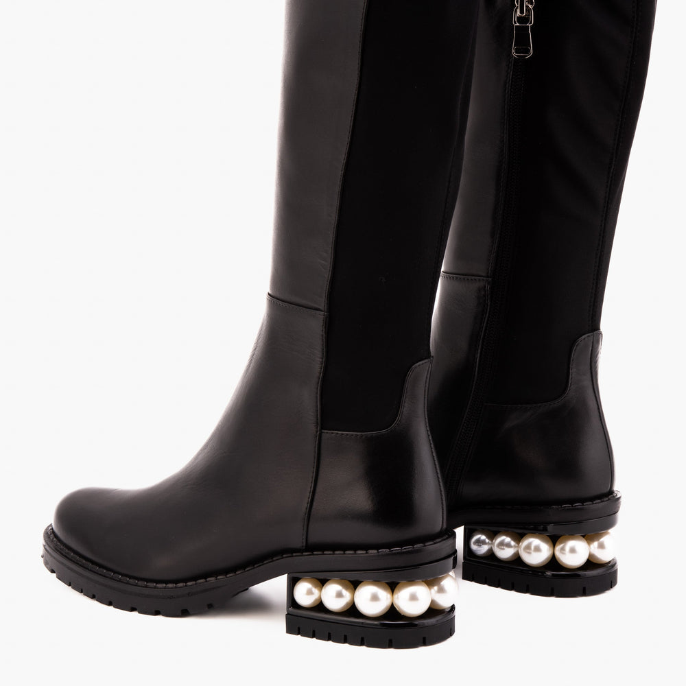 The Valeria Pearl Heel Knee-High Black Leather Boot - Vinci Leather